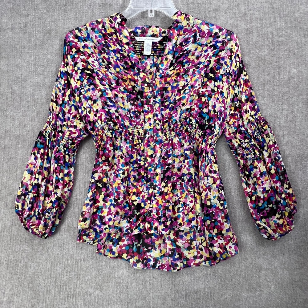 Diane von Furstenberg Silk Blouse S 0 Multicolor Ruched Button Top Dopamine